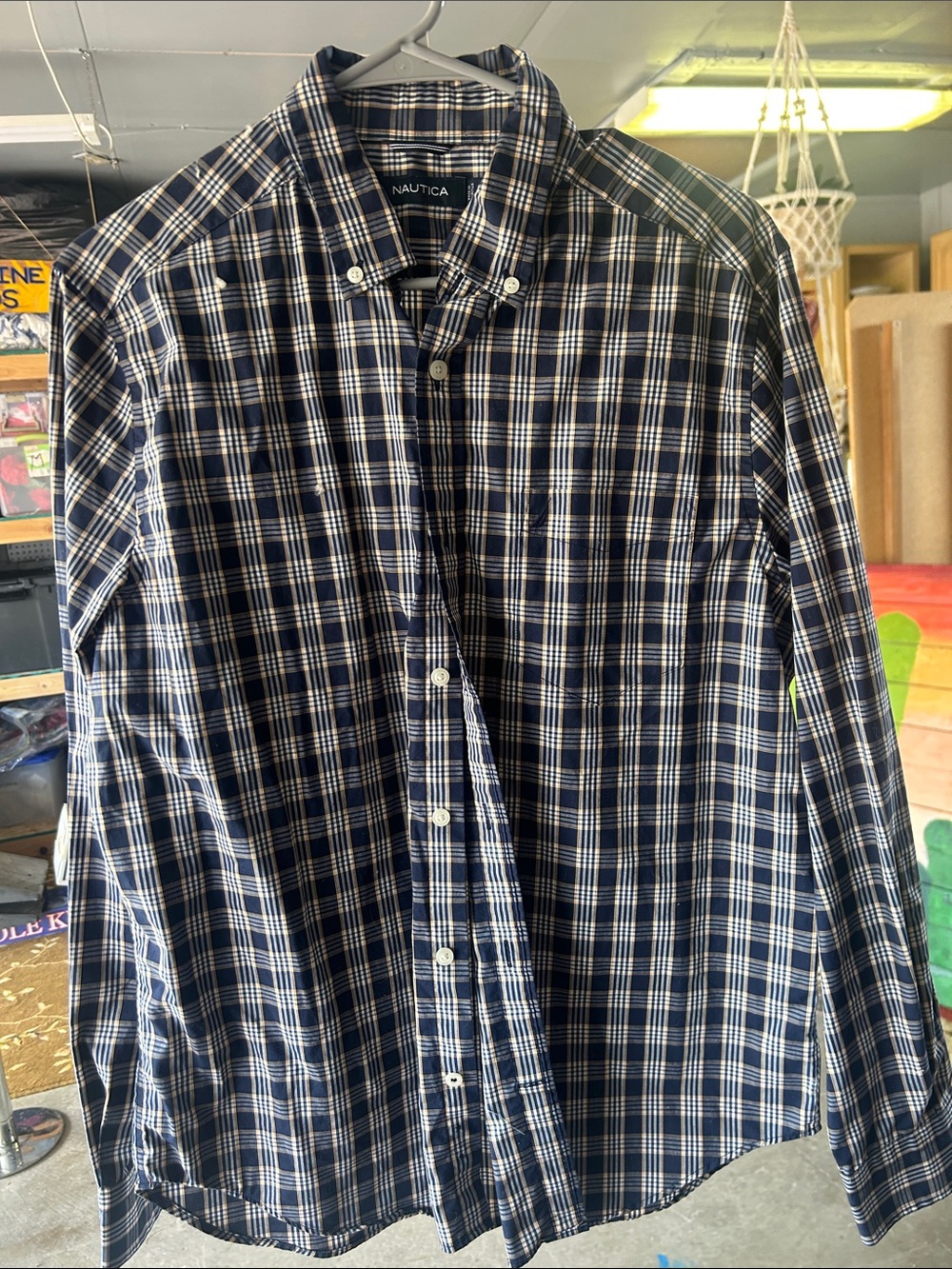 Nautica Men’s Navy and White Plaid Button-Down Shirt